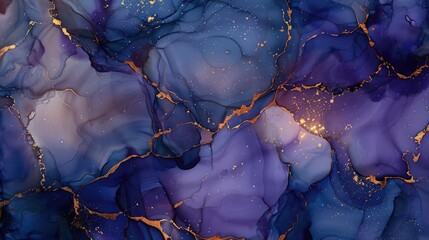 Luxury abstract fluid art painting in alcohol ink technique, mixture of blue and purple paints. Imitation of marble stone cut, glowing golden veins. Tender and dreamy design