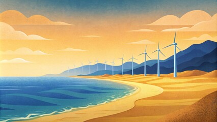 A sandy beach with wind turbines lining the coast and providing a source of clean renewable energy for nearby cities.