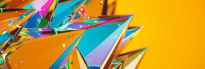 Collection of glossy, iridescent triangular prisms is arranged against a vivid yellow backdrop, reflecting a spectrum of colors with a predominant golden hue that creates a warm, illuminated effect. - obrazy, fototapety, plakaty