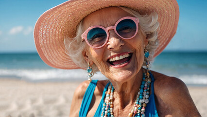 Cheerful elderly woman enjoying summer vacations on the sea beach, against the backdrop of blue sky.