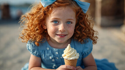 Girl child eating delicious vanilla ice cream in the city on a sunny summer day.