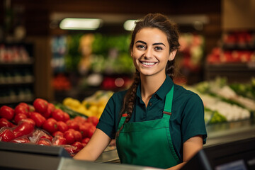 Smiling person working in supermarket grocery store department Generative Ai picture - obrazy, fototapety, plakaty