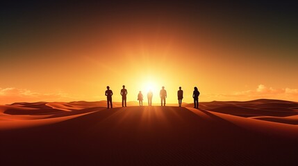 Friends stand on sand dune and admire sunrise silhouette concept