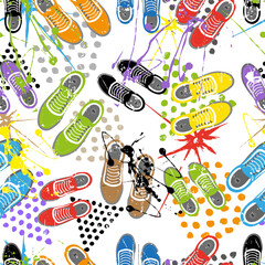 urban pattern with multi-colored grunge sneakers, blots,spray and geometric elements