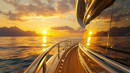 Serene sunset cruise, luxury ship deck, tranquil ocean voyage, summer vacation at sea