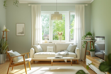 Living room interior design in scandinavian style with sofa, furniture and home decor