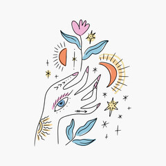 Boho mystical Reiki fine art hand drawn style logo or icon of magic hand. Floral celestial moon herbal set. Perfect for fashion, skin care, wellness, spa, yoga concept illustrations vector - 775001183