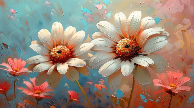 Thick oil painting texture, oil painting flowers, oil painting daisies, 3D brushstrokes