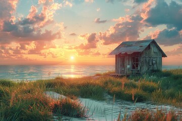 Lonely beach shack at sunset, photorealistic calm, vibrant sky, evening light ,3DCG,clean sharp focus