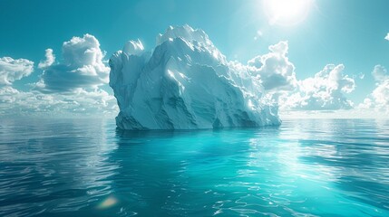 Iceberg floating in the ocean, photorealistic textures, vibrant cold blues, sunlight ,3DCG,clean sharp focus - obrazy, fototapety, plakaty