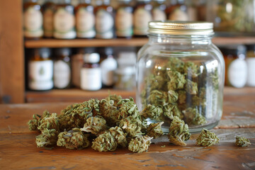 Cannabis (or hemp or marijuana) dried flower buds in a glass jar on a wooden shop counter, choice of bottles of CBD oil in the background, medicinal legal cannabis,  natural alternative medicine - 775001560