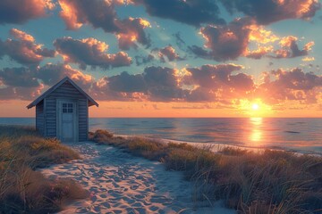 Lonely beach shack at sunset, photorealistic calm, vibrant sky, evening light ,3DCG,clean sharp focus