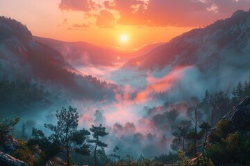 Misty mountain valley, photorealistic layers, vibrant sunrise colors ,super realistic,clean sharp focus