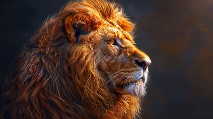 Majestic lion  close up portrait revealing intense gaze and stunning mane in photorealistic detail