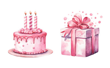 Single cake with candles and pink gift box