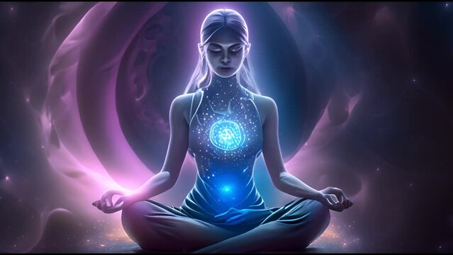 Mindful Woman Meditating in yoga lotus post. A state of trance and deep meditation. A spiritual journey in the universe. Abstract chakra meditation energy background