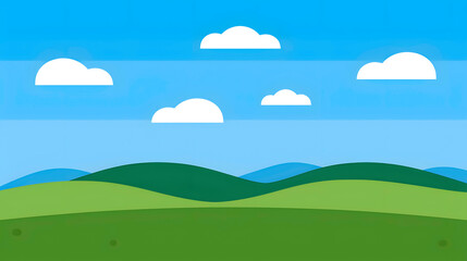 Fototapeta premium A vibrant cartoon landscape depicting rolling green hills under a sky with fluffy white clouds. 