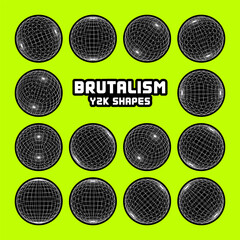 Wireframe shapes, lined sphere. Perspective mesh, 3d grid. Modern trendy low poly geometric elements. Retro futuristic design elements, y2k, vaporwave and synthwave style. Vector illustration