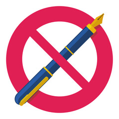 Blue and gold pen isolated barred by the circular red prohibition symbol in flat design style (cut out)