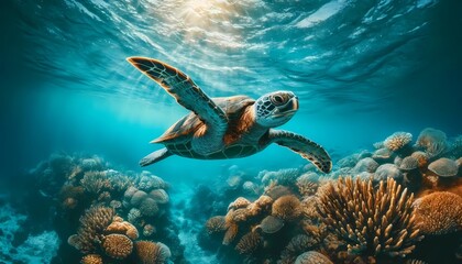 Obraz na płótnie Canvas Turtle day concept of turtle swimming with coral and fish Vibrant underwater seascape 