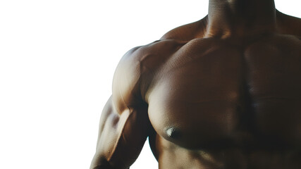 Front view of the torso of a very muscular shirtless black man with white background and space for text. Unrecognizable person
