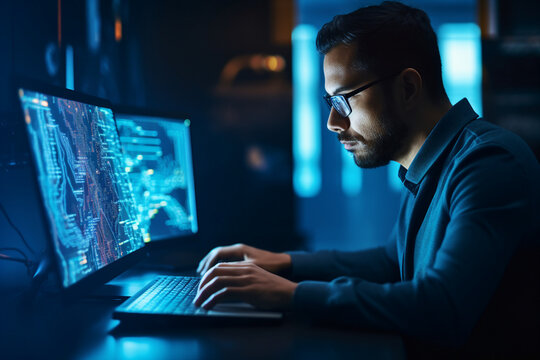 Hard working person in modern interior office programming writing web java script code AI technology generation