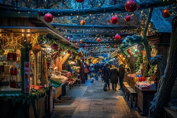 Fototapeta na wymiar Twinkling Christmas Market Scene with Holiday Shoppers