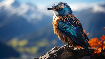 The strikingly beautiful Himalayan Monal, with its iridescent plumage, perched on a mountainous ledge against a backdrop of snowy peaks. - obrazy, fototapety, plakaty