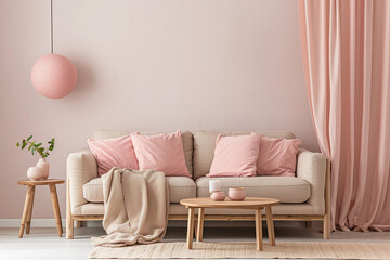 Beige sofa with pink pillows and coffee table. Living room interior design in scandinavian style 