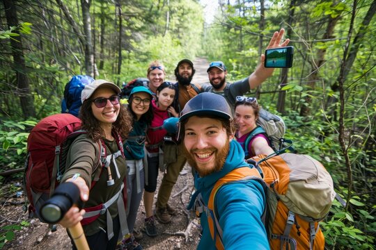 Happy Hiking Group Captures a Moment, Forest Trailhead Excitement