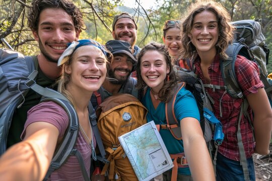 Joyful Hikers Taking Group Selfie, Trailhead Adventure Start