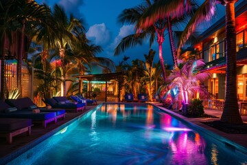 Fototapeta na wymiar Tropical Resort Poolside Illuminated by Neon Lights at Night