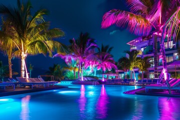 Neon-Lit Night at Tropical Resort with Reflective Pool