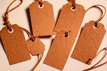 Product packaging mockup photo of kraft clothing or gift tags, studio advertising photoshoot