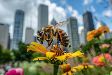 Close-Up of Bee on Urban Blooms - obrazy, fototapety, plakaty