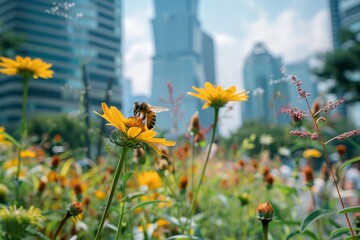 Honeybee on Blossoms in City Garden