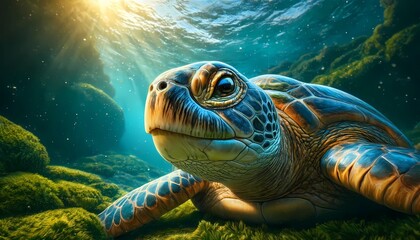 Naklejka na ściany i meble Turtle day concept of turtle swimming with coral and fish Vibrant underwater seascape 