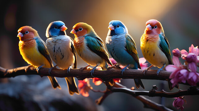A group of captivating Gouldian Finches, each displaying its own unique combination of vibrant colors, perched on a sunlit branch.