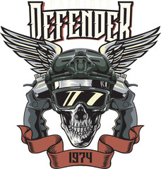 Vector Illustration of Skull Wearing Soldier Helmet with Wings and Revolver with Vintage Illustration Available for Logo Badge
