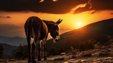 Donkey observing sunset in Bulgaria and its unique European form silhouette concept - obrazy, fototapety, plakaty