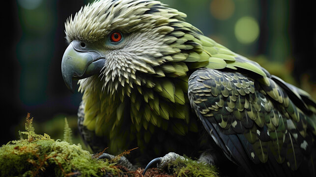The charismatic and fluffy Kakapo, the world's heaviest parrot, waddling across a forest floor covered in vibrant ferns and moss.