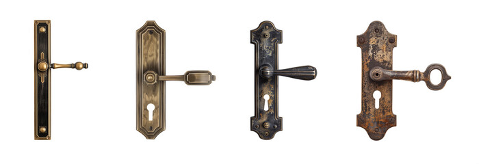 Antique doorknob set. Door handle. Door lever. With and without keyhole. Metallic doorknob collection. Isolated transparent background PNG. Victorian, Georgian, Edwardian. Copper, bronze, aged metal.  - obrazy, fototapety, plakaty