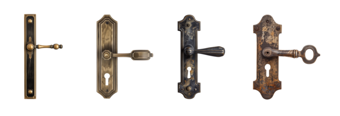 Antique doorknob set. Door handle. Door lever. With and without keyhole. Metallic doorknob collection. Isolated transparent background PNG. Victorian, Georgian, Edwardian. Copper, bronze, aged metal. 