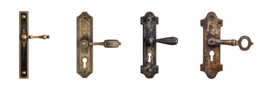 Antique doorknob set. Door handle. Door lever. With and without keyhole. Metallic doorknob collection. Isolated transparent background PNG. Victorian, Georgian, Edwardian. Copper, bronze, aged metal. 