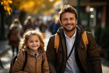 Portrait of dad with daughter, dad takes daughter to school on an autumn day. - obrazy, fototapety, plakaty