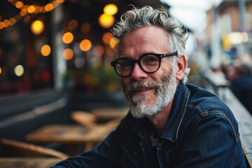 Portrait of a handsome senior man with gray beard and mustache, wearing jeans jacket and eyeglasses, sitting at a table in a cafe. - obrazy, fototapety, plakaty