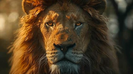 Majestic lion close up portrait with intense gaze and detailed mane in photorealistic style