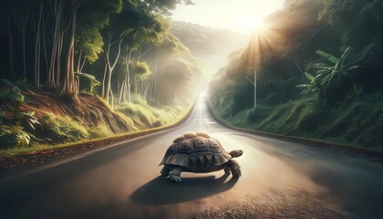 tortoise on the road nature's pace, and the beauty of a slow and steady journey through life concept of turtle day - obrazy, fototapety, plakaty
