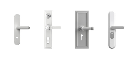 Modern white minimalist doorknob set. Door handle. Door lever. With and without keyhole. Metallic doorknob collection. Isolated transparent background PNG. - obrazy, fototapety, plakaty