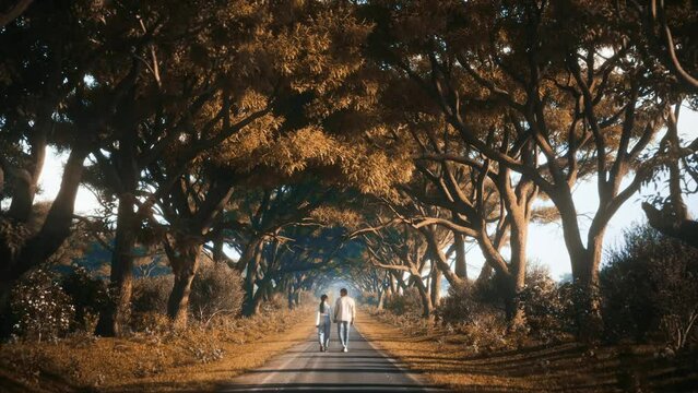 Young couple walking along an alley with trees. Famous Alley Dark hedges